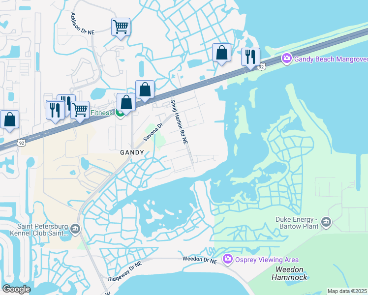 map of restaurants, bars, coffee shops, grocery stores, and more near 10400 Snug Harbor Road Northeast in St. Petersburg