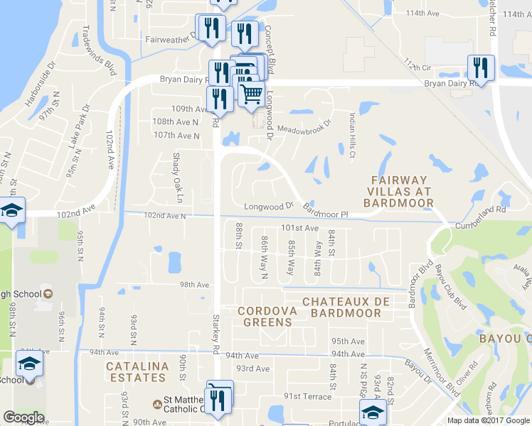 map of restaurants, bars, coffee shops, grocery stores, and more near 8648 Longwood Drive in Largo