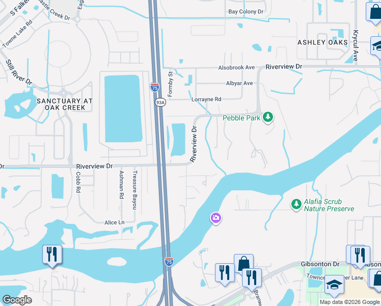 map of restaurants, bars, coffee shops, grocery stores, and more near 9810 Riverview Drive in Riverview