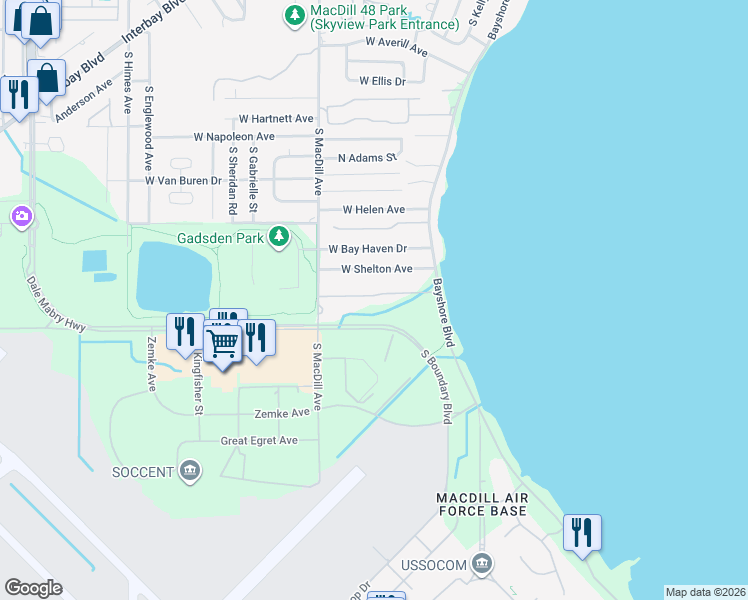 map of restaurants, bars, coffee shops, grocery stores, and more near 2839 Bayshore Trails Drive in Tampa