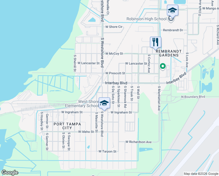 map of restaurants, bars, coffee shops, grocery stores, and more near 6903 South De Soto Street in Tampa