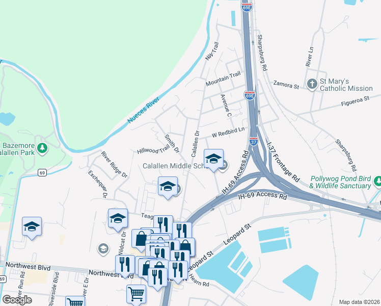 map of restaurants, bars, coffee shops, grocery stores, and more near 4706 River View Trail in Corpus Christi