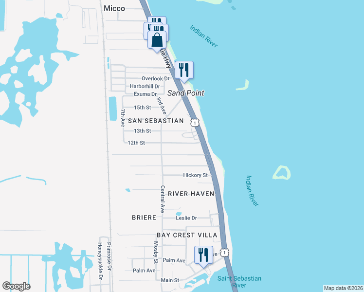 map of restaurants, bars, coffee shops, grocery stores, and more near 3941 12th Street in Sebastian