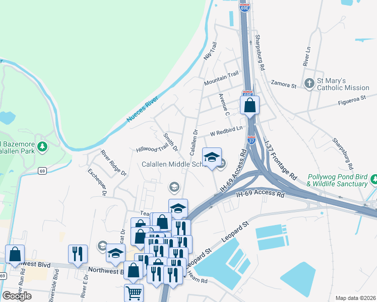 map of restaurants, bars, coffee shops, grocery stores, and more near 4706 River View Trail in Corpus Christi