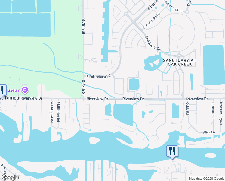 map of restaurants, bars, coffee shops, grocery stores, and more near 8431 Deer Chase Drive in Riverview