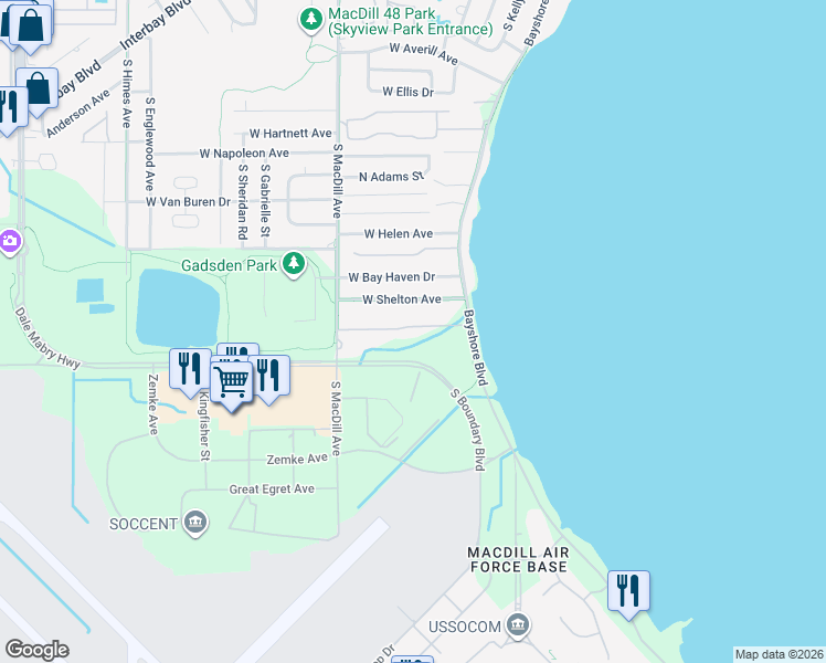 map of restaurants, bars, coffee shops, grocery stores, and more near 2839 Bayshore Trails Drive in Tampa