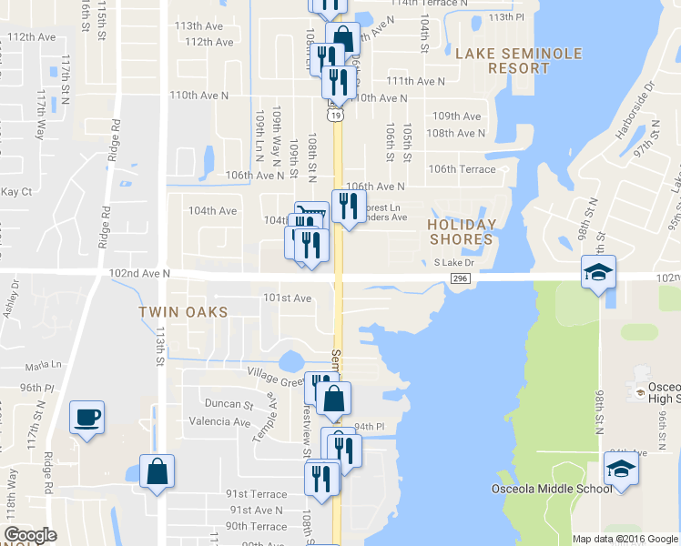 map of restaurants, bars, coffee shops, grocery stores, and more near 10699 102nd Avenue North in Largo