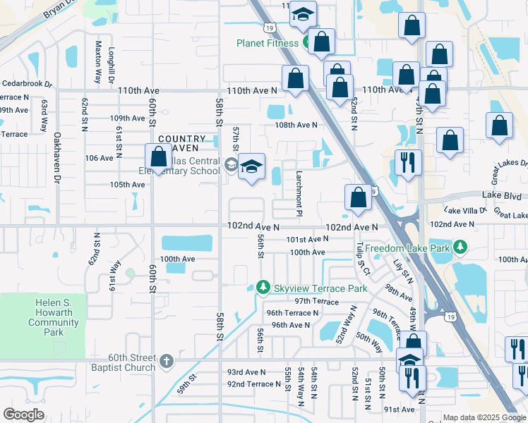 map of restaurants, bars, coffee shops, grocery stores, and more near 5601 103rd Avenue North in Pinellas Park