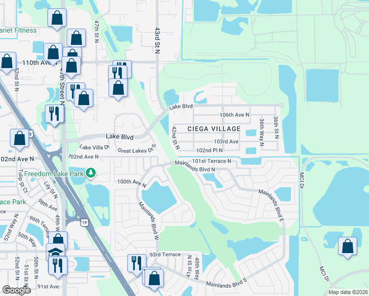 map of restaurants, bars, coffee shops, grocery stores, and more near 4171 102nd Place North in Clearwater