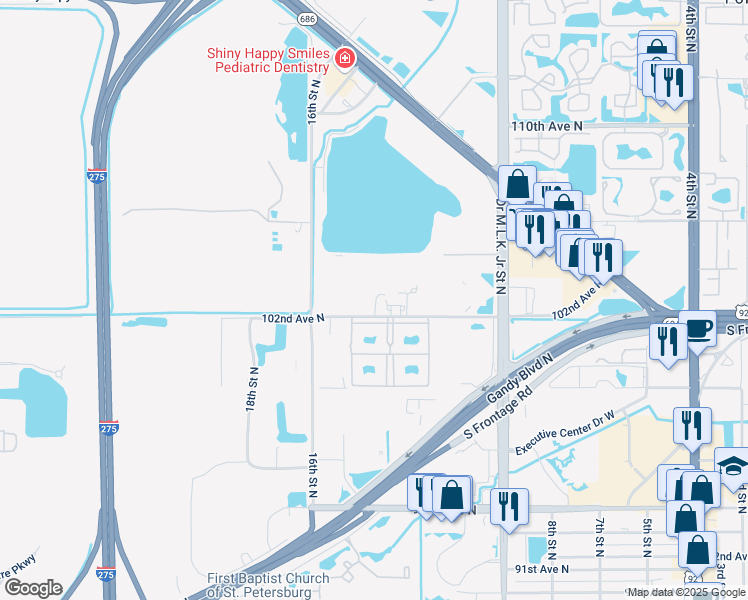 map of restaurants, bars, coffee shops, grocery stores, and more near 1280 102nd Avenue North in Saint Petersburg