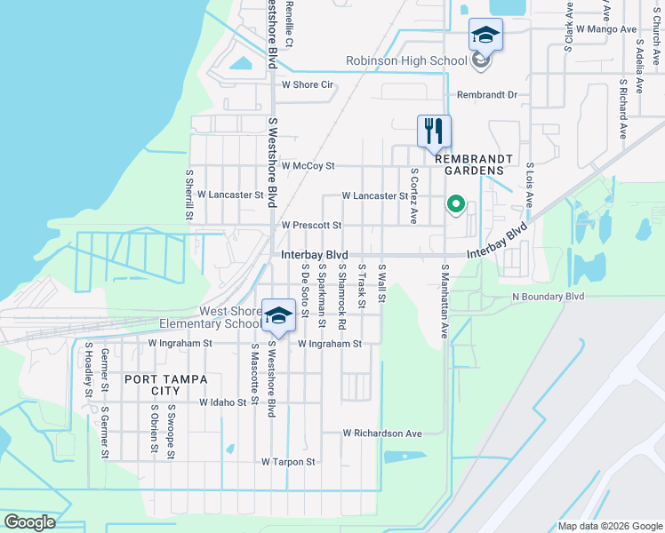 map of restaurants, bars, coffee shops, grocery stores, and more near 8306 Interbay Boulevard in Tampa