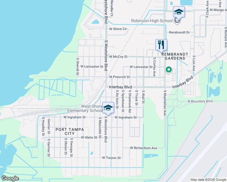 map of restaurants, bars, coffee shops, grocery stores, and more near 6903 South De Soto Street in Tampa