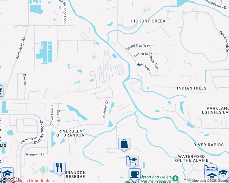 map of restaurants, bars, coffee shops, grocery stores, and more near 12534 River Birch Drive in Riverview