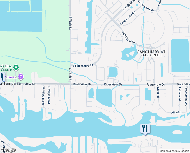 map of restaurants, bars, coffee shops, grocery stores, and more near 8429 Deer Chase Drive in Riverview