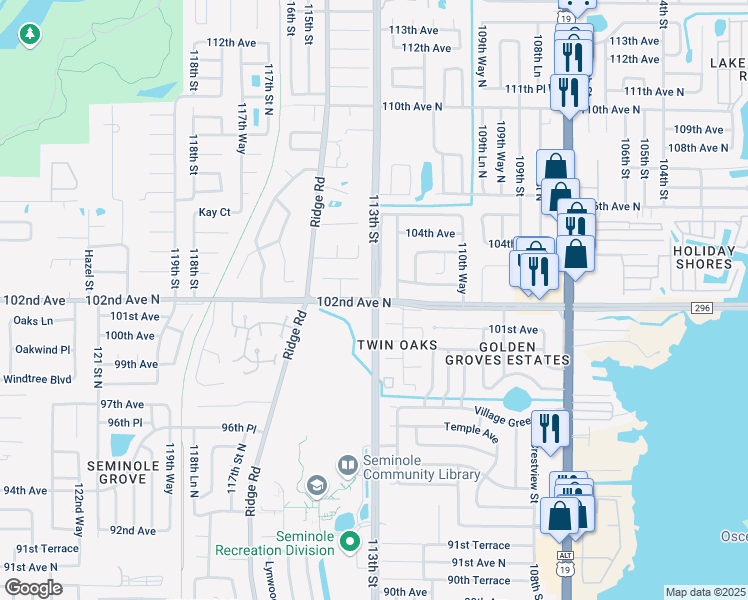 map of restaurants, bars, coffee shops, grocery stores, and more near 102nd Ave N & 113th St in Seminole