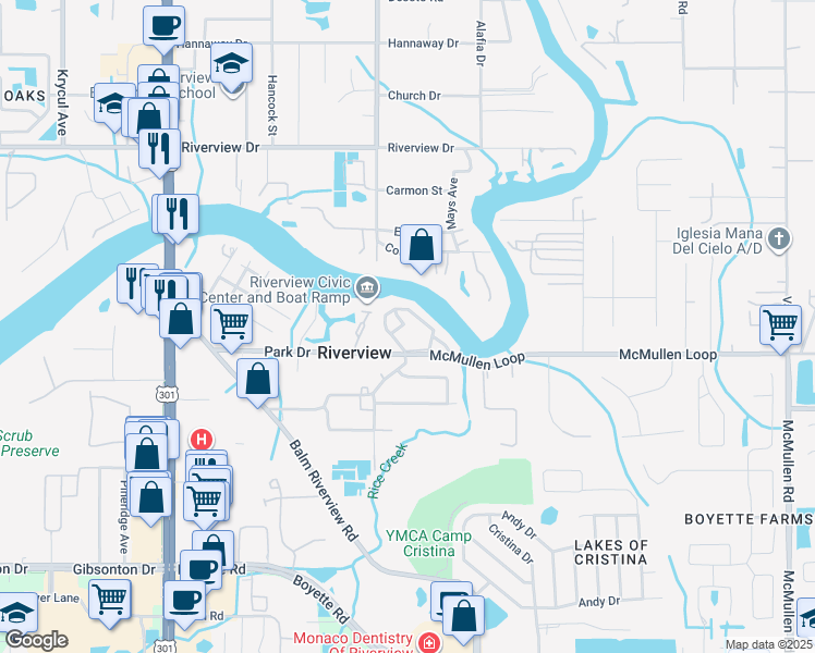 map of restaurants, bars, coffee shops, grocery stores, and more near 11207 Blendale Drive in Riverview