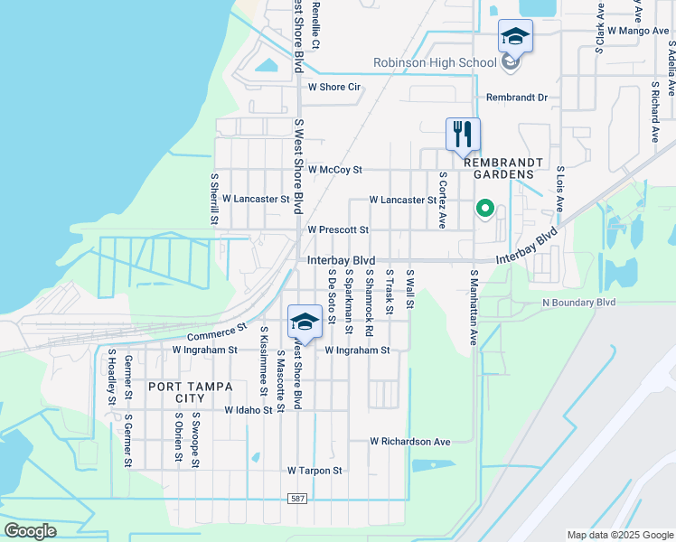 map of restaurants, bars, coffee shops, grocery stores, and more near 6903 South De Soto Street in Tampa