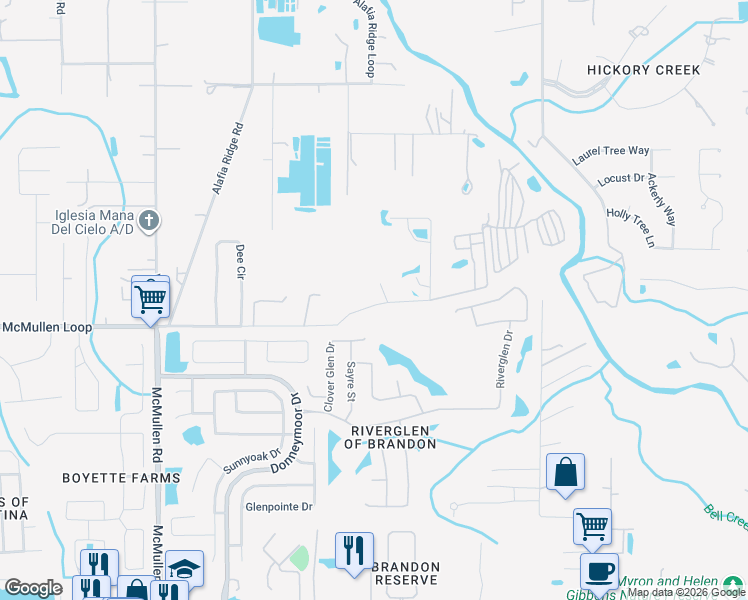 map of restaurants, bars, coffee shops, grocery stores, and more near 12214 McMullen Loop in Riverview