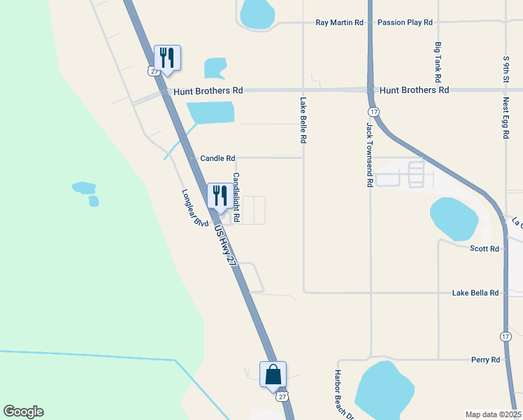 map of restaurants, bars, coffee shops, grocery stores, and more near 22 Candlelight Loop in Lake Wales
