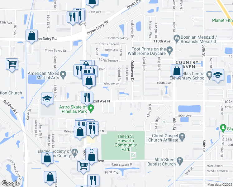 map of restaurants, bars, coffee shops, grocery stores, and more near 10278 63rd Lane in Pinellas Park