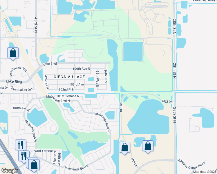 map of restaurants, bars, coffee shops, grocery stores, and more near 10251 36th Street North in Clearwater