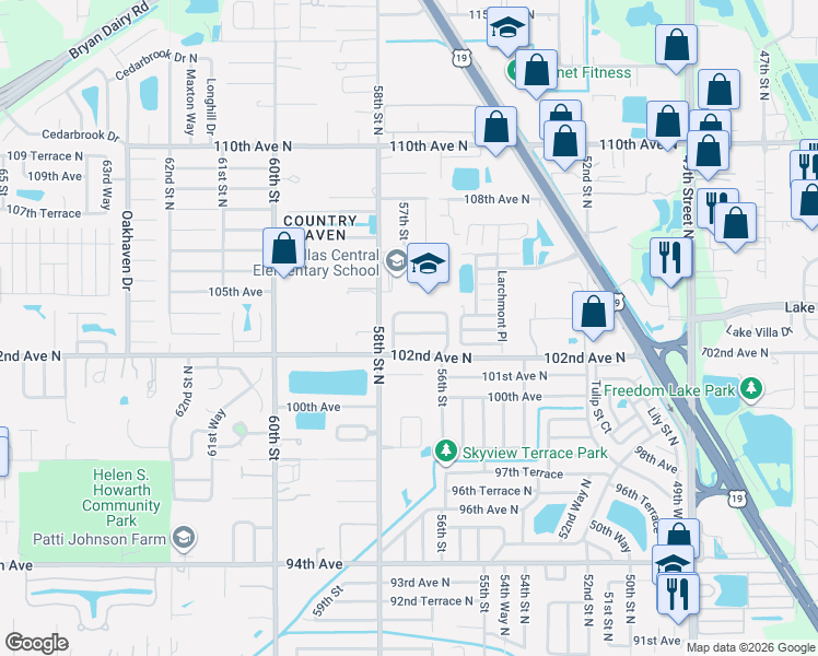 map of restaurants, bars, coffee shops, grocery stores, and more near 5601-5799 103rd Avenue North in Pinellas Park