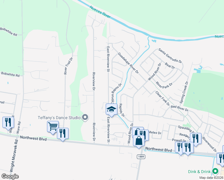 map of restaurants, bars, coffee shops, grocery stores, and more near 15402 Bedrock Drive in Corpus Christi