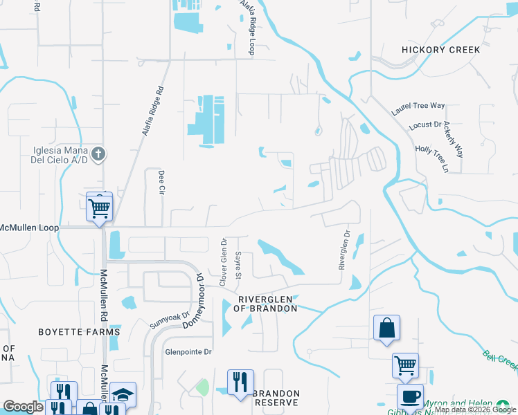 map of restaurants, bars, coffee shops, grocery stores, and more near 12214 McMullen Loop in Riverview