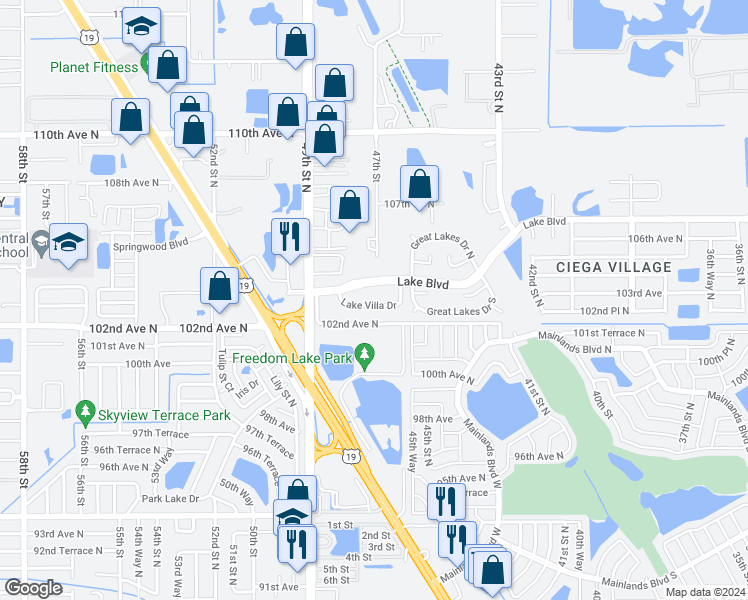 map of restaurants, bars, coffee shops, grocery stores, and more near 4735 Lake Villa Drive in Clearwater