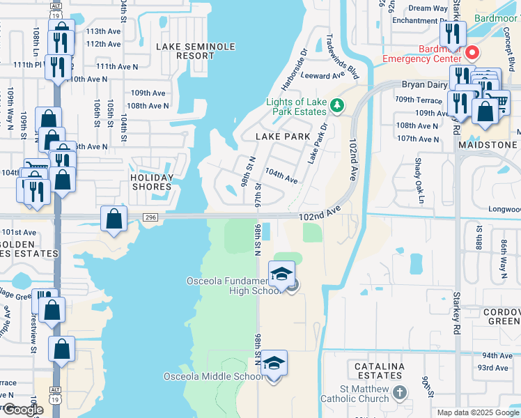 map of restaurants, bars, coffee shops, grocery stores, and more near 9790 Lake Seminole Drive East in Largo