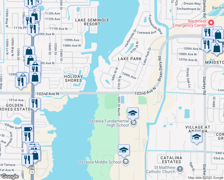 map of restaurants, bars, coffee shops, grocery stores, and more near 9894 Lake Seminole Drive West in Largo