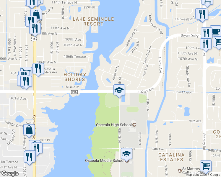 map of restaurants, bars, coffee shops, grocery stores, and more near 9894 Lake Seminole Drive West in Largo