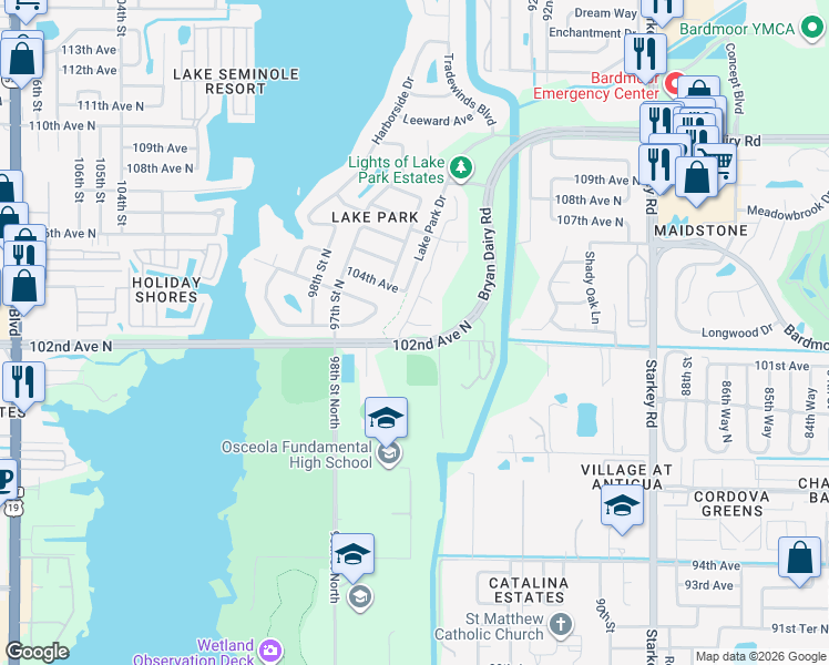 map of restaurants, bars, coffee shops, grocery stores, and more near 9582 103rd Avenue in Seminole