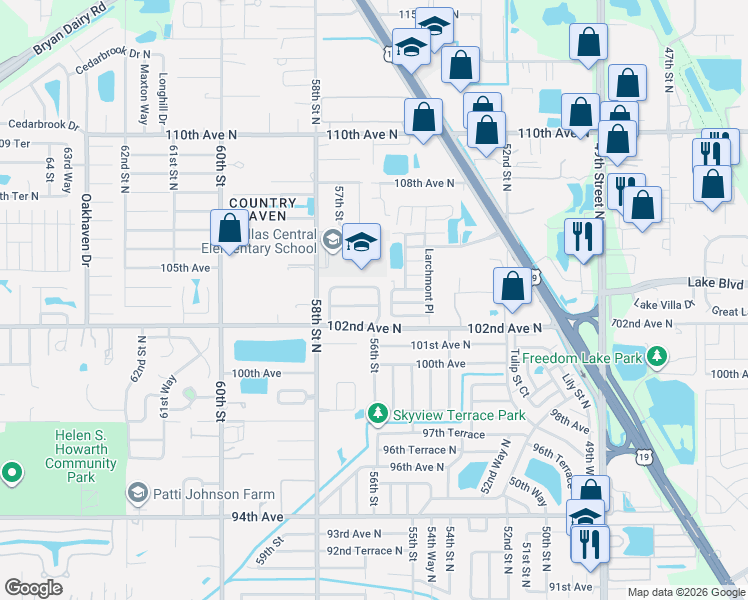 map of restaurants, bars, coffee shops, grocery stores, and more near 5603 103rd Avenue in Pinellas Park