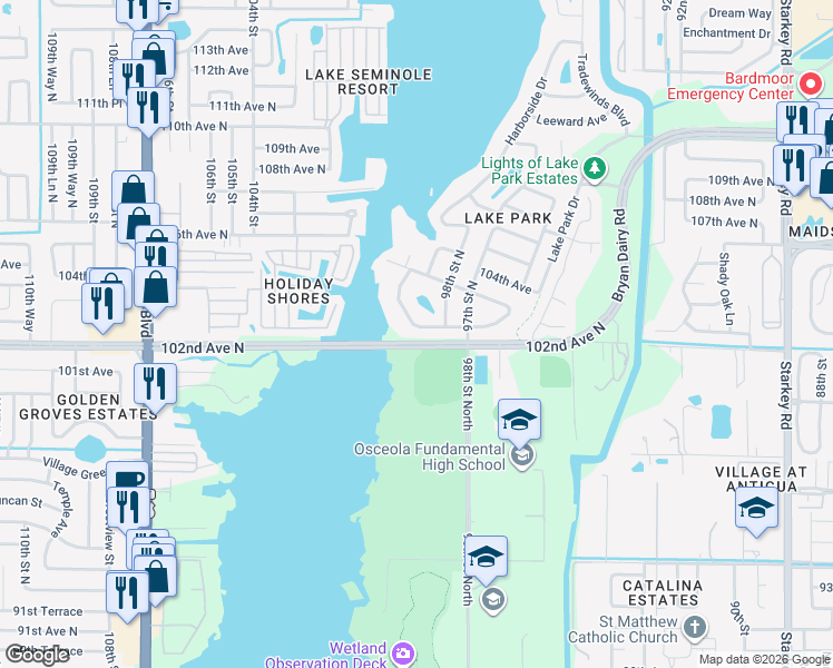 map of restaurants, bars, coffee shops, grocery stores, and more near 9942 Lake Seminole Drive West in Largo