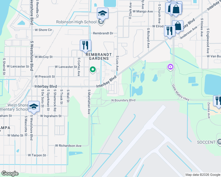map of restaurants, bars, coffee shops, grocery stores, and more near 6930 Duffy Lane in Tampa