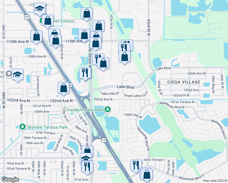 map of restaurants, bars, coffee shops, grocery stores, and more near 4653 Lake Villa Drive in Clearwater