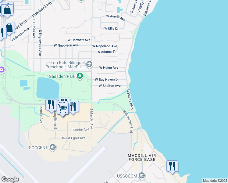 map of restaurants, bars, coffee shops, grocery stores, and more near 2839 Bayshore Trails Drive in Tampa