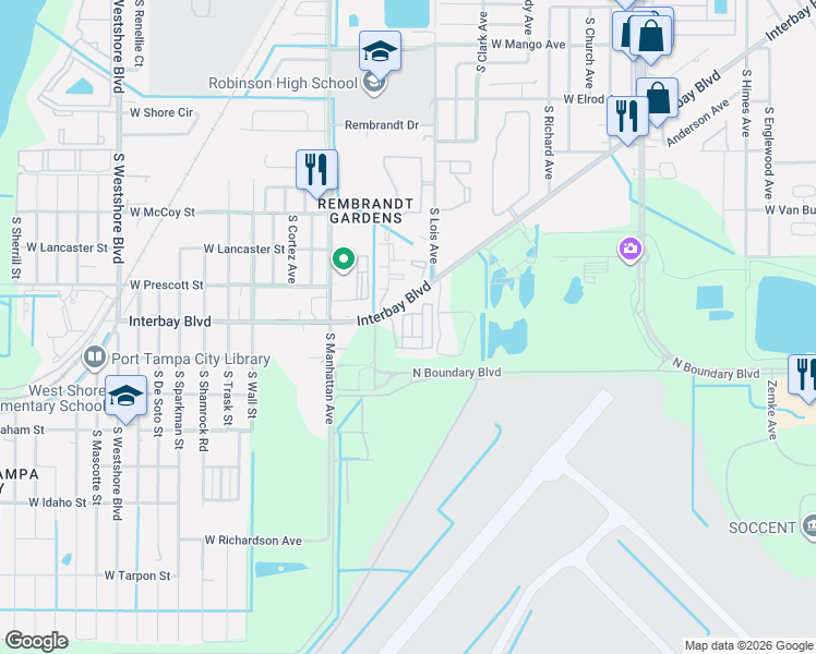 map of restaurants, bars, coffee shops, grocery stores, and more near 6928 Duffy Lane in Tampa