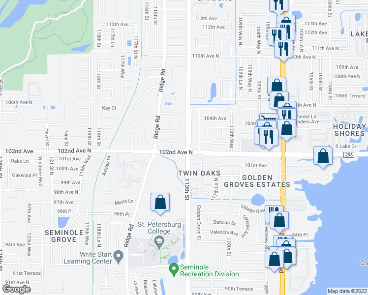 map of restaurants, bars, coffee shops, grocery stores, and more near 11301 102nd Avenue North in Seminole