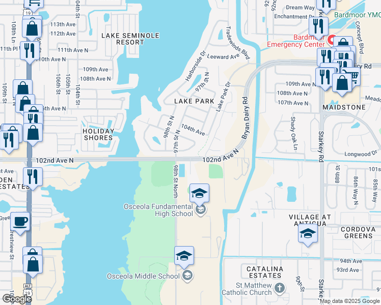 map of restaurants, bars, coffee shops, grocery stores, and more near 9700 Lake Seminole Drive East in Largo