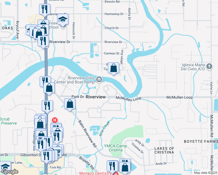 map of restaurants, bars, coffee shops, grocery stores, and more near 11207 Blendale Drive in Riverview