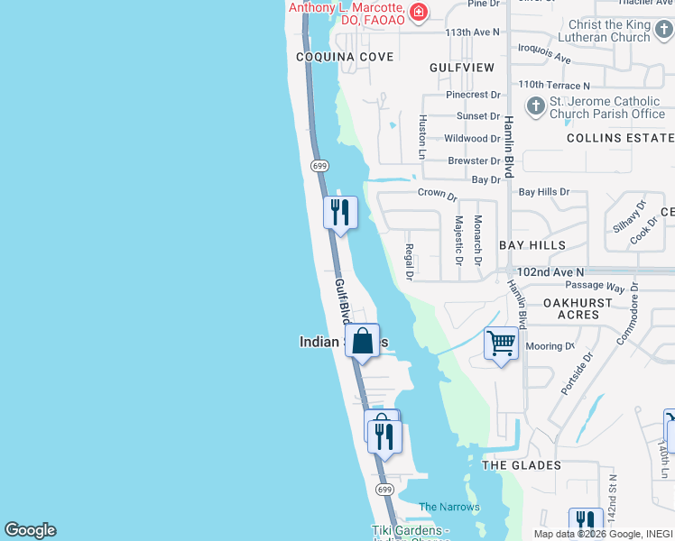 map of restaurants, bars, coffee shops, grocery stores, and more near 19941 Gulf Boulevard in Indian Shores