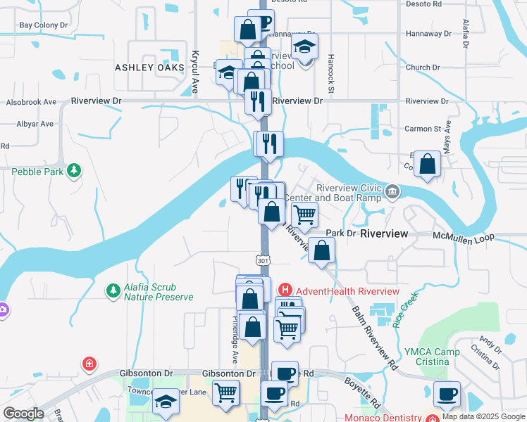 map of restaurants, bars, coffee shops, grocery stores, and more near in Riverview