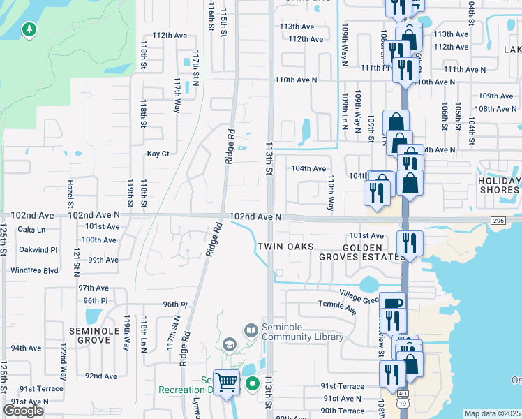 map of restaurants, bars, coffee shops, grocery stores, and more near 11301 102nd Avenue North in Seminole