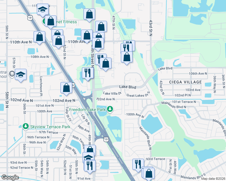 map of restaurants, bars, coffee shops, grocery stores, and more near 4657 Lake Boulevard in Clearwater