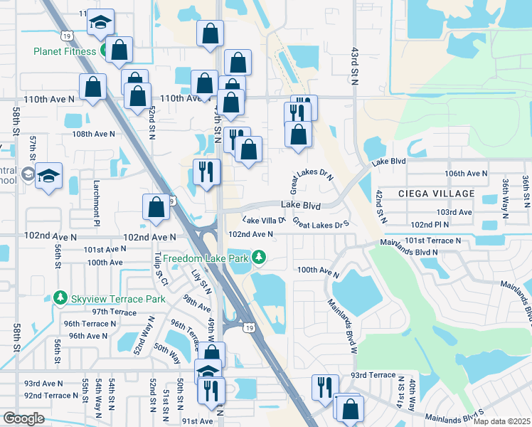 map of restaurants, bars, coffee shops, grocery stores, and more near 4754 Lake Villa Drive in Clearwater