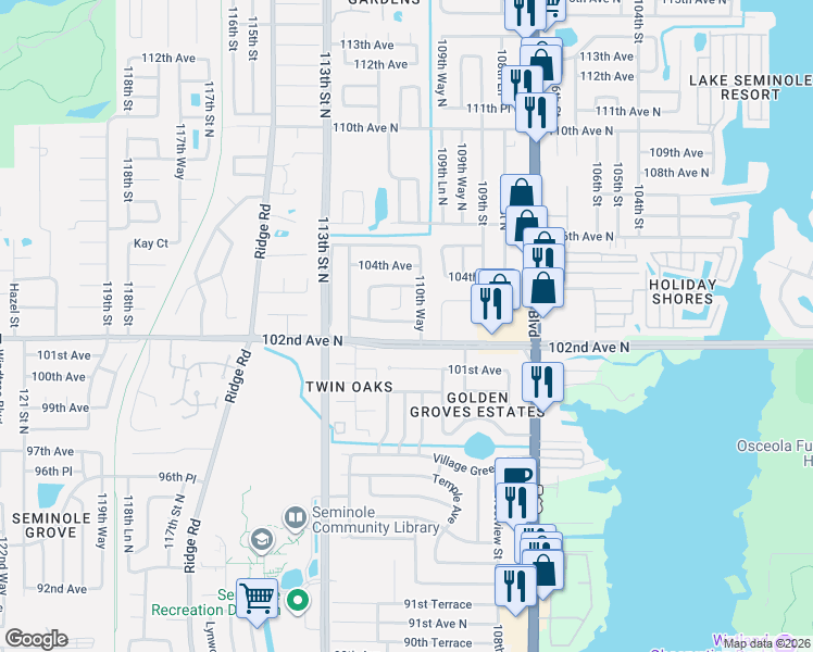 map of restaurants, bars, coffee shops, grocery stores, and more near 11109 102nd Avenue North in Seminole