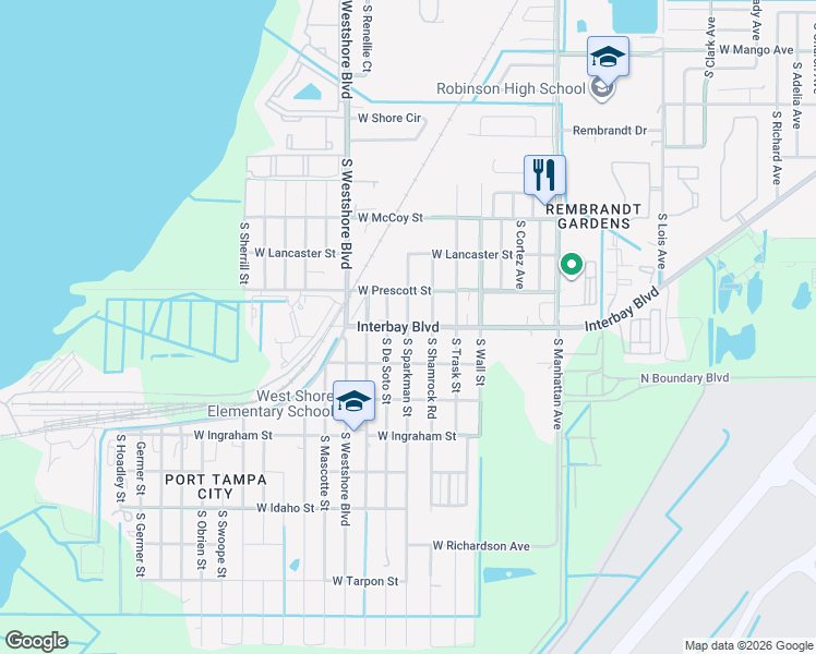 map of restaurants, bars, coffee shops, grocery stores, and more near Interbay Blvd & Sparkman St in Tampa