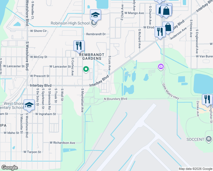 map of restaurants, bars, coffee shops, grocery stores, and more near 6931 Frog Pocket Place in Tampa